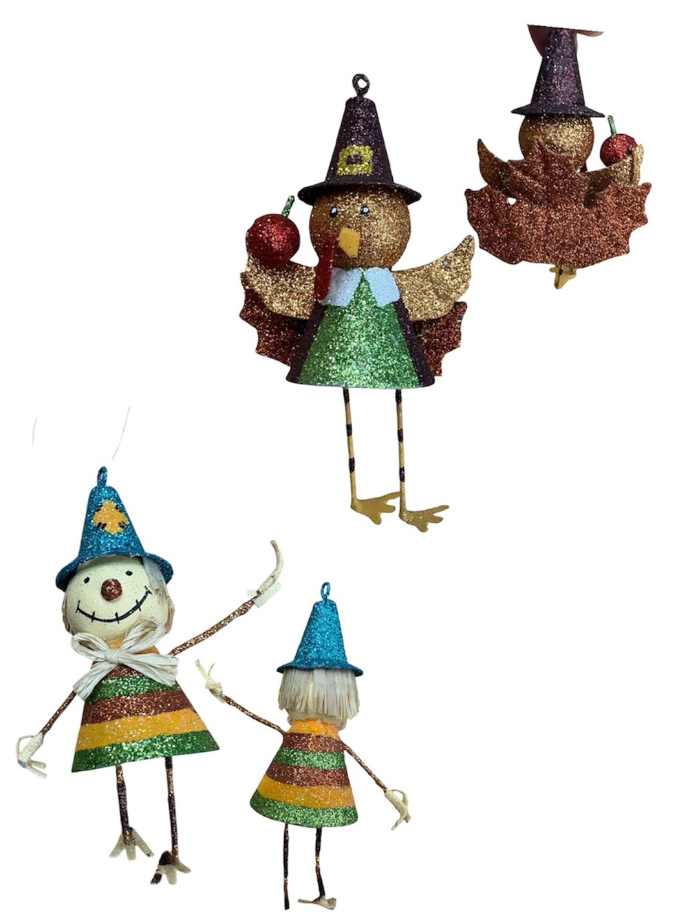 Retire Pier 1 Metal Glitter Thanksgiving Turkey & ScareCrow. Highly Collectible!